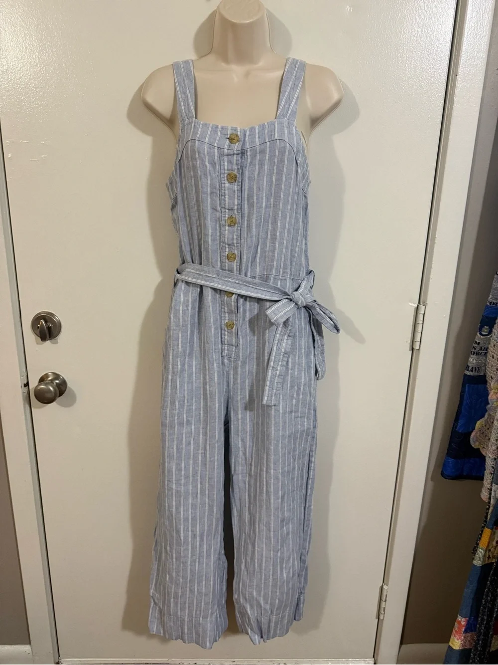 Everlane Linen Jumpsuit Light Blue White Stripe Size 6